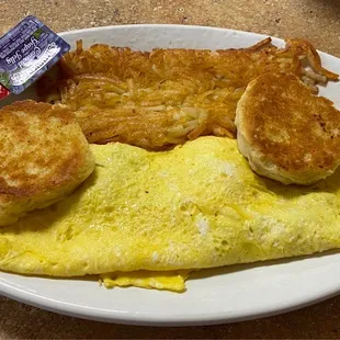 Bacon and Cheese Omelet with hash browns and biscuit