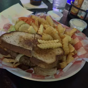 a sandwich and fries