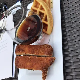 Chicken and waffles, maple syrup in a snifter glass. A+ presentation!