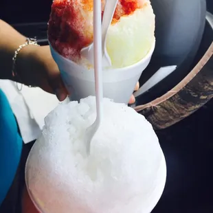 Wedding cake snow ball and 1/2 strawberry 1/2 pickle juice with chile
