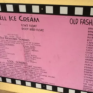 a menu for blue bell ice cream