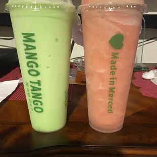 Honeydew   and   Strawberry Banana with chocolate ice cream smoothies.