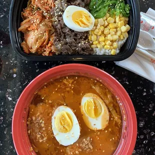 Kikimbap and Spicy Ramen Tonkatsu