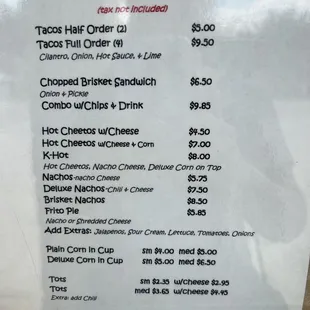 Taco, brisket, nacho, frito pie, corn, etc.