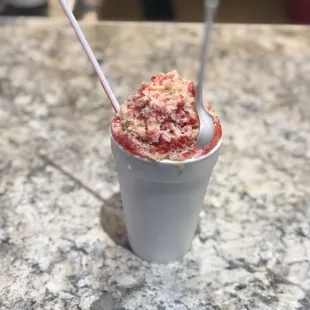 Red Velvet sno cone with topped with condensed milk