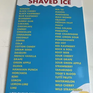 Shaved Ice Flavors