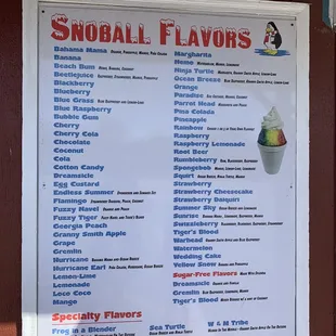 a menu for a variety of flavors