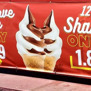 Current ice cream deal: Soft serve cone only $1.49! 12 oz Shake only $1.89! Our favorites are banana and chocolate!
