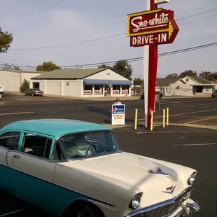 Happy customer just got free ice cream cone because is classic car is older than 1963.so drive to riverbank Snowhite.