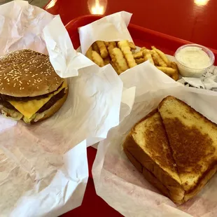 Basic but good double cheeseburger, fries, ranch dressing &amp; grilled cheese