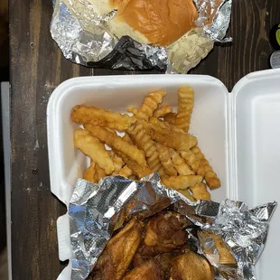 a chicken sandwich and french fries