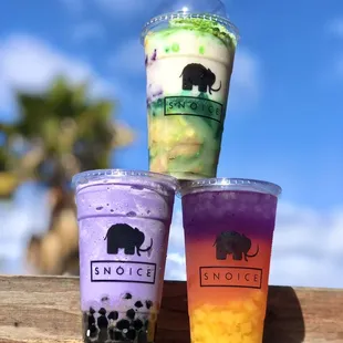 three different flavors of bubble tea