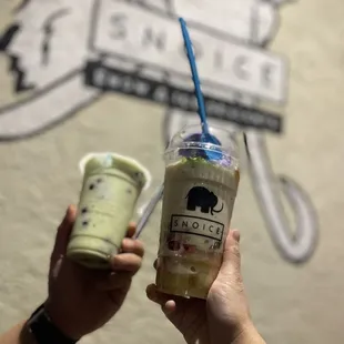 Honeydew blended with boba and original Halo halo