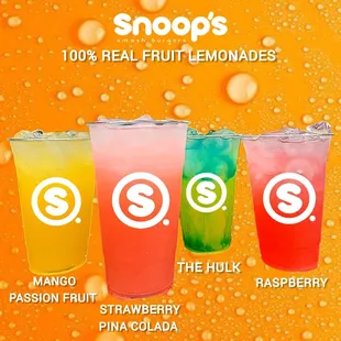 Our 100% Freshly Squeezed Real Fruit Lemonades with fruit purees.