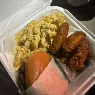 Snoop burger, sweet Thai chili wings, Parmesan fries
