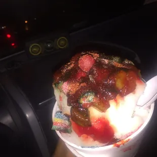 Italian ice shaved Piccadilly with sour belts. Cherry bombs. Favorite! 6$ for large.