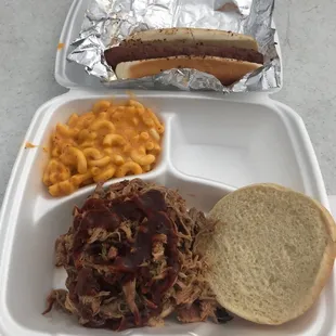 Pulled pork, mac and cheese, hot sausage!