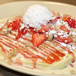 The Strawberry Shortcake Pancake was made with a Buttermilk pancake topped with strawberry coulis, strawberry mascarpone &amp; strawberries.