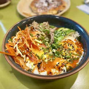 Seasonal menu item; Crispy garlic &amp; avocado miso rice bowl - added pulled pork