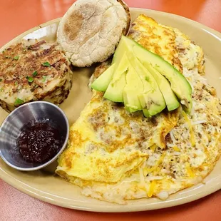 Avocado, chorizo, jack omelette