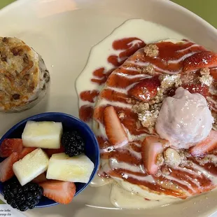 Kids strawberry shortcake pancake with fruits and hash brown