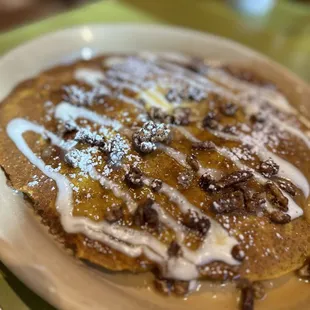 Pumpkin pecan pancakes, chicken sausage, fresh eggs and honey oatmilk latte!!   Muah!! So Yummy!!