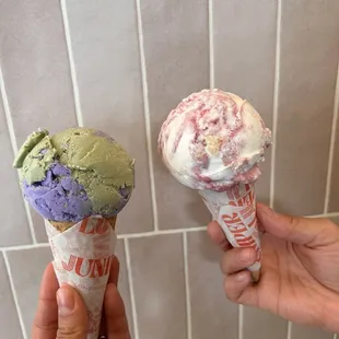 Matcha ube and raspberry cheesecake ice cream