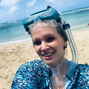 On a Waikiki beach after snorkeling over the coral