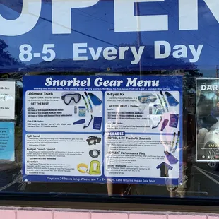 Snorkel gear menu