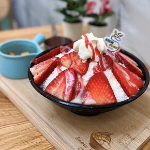 Strawberry Bingsu: Strawberry Shaved Ice w/ strawberry syrup, condensed milk, fresh strawberry slices | $12.99