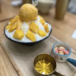 Mango Bingsoo (shaved snow) served with mango syrup and fruit loops