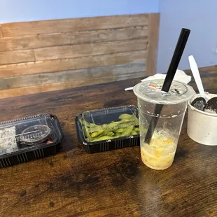 Sushi, boba, rolled ice cream, edamame