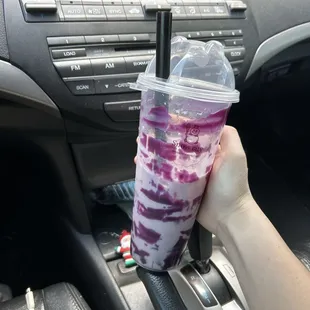 Sakura Rosa milk tea with yam jam and boba