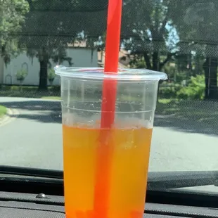 Juicy Peach Tea with Strawberry Popping Boba - YUM!