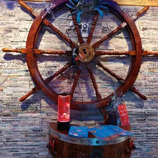 a ship's wheel on display