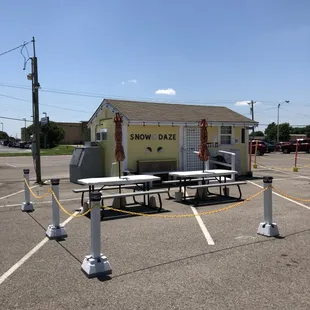 a picnic table in a parking lot