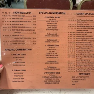 the menu for the special combination
