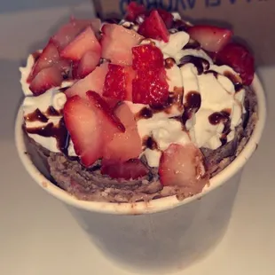Strawberry, Oreo, n Nutella rolled ice cream (whipped cream, strawberries, chocolate syrup)