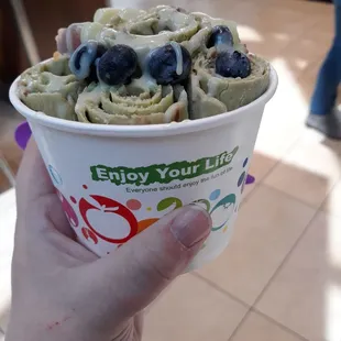 Green tea ice cream with blueberries, mochi, and sweetened condensed milk