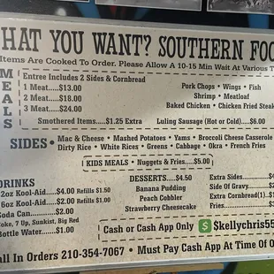 The menu.