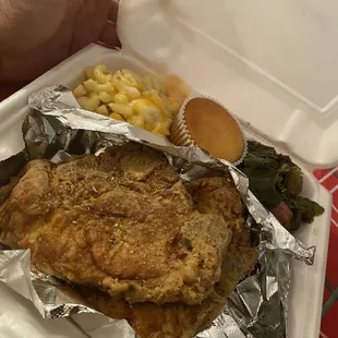 Pork chops, deep, fried, mac &amp; cheese, and greens!