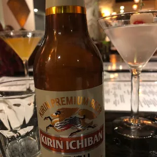 a bottle and a glass