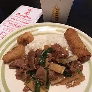 Mongolian Beef, Sweet And Sour Pork, Steamed Rice, and Egg Roll