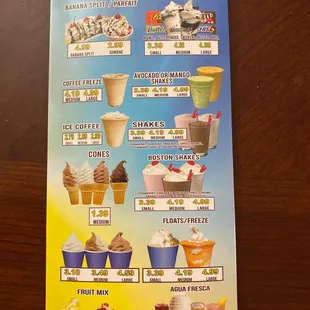 a menu for a variety of ice creams
