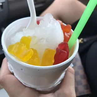 Clear strawberry snowball and Gummi bears.