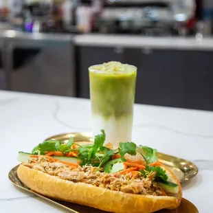 Chicken bánh mì and matcha milk latte