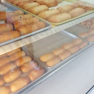 a display case of donuts