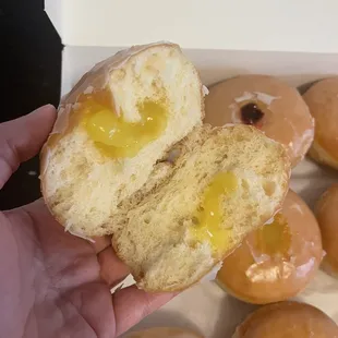 Lemon filled: Mostly just donut. The right side is literally just a tiny bit of filling that smeared on from the left side.