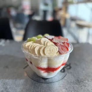 a bowl of fruit and yogurt on a table