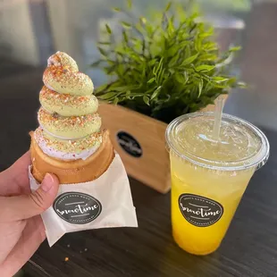 Fish Cone With Matcha and Taro Swirl/Yuzu Green Tea